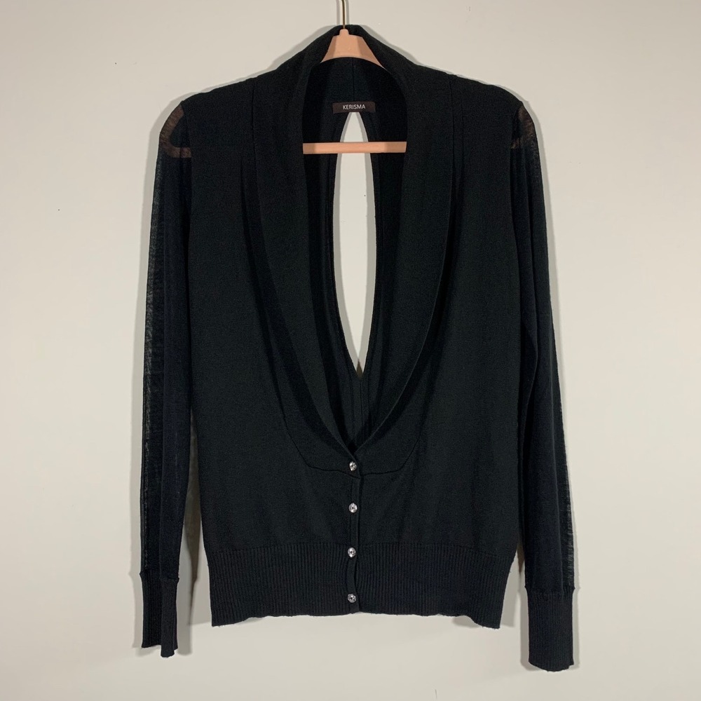 Kerisma Cashmere Blend Open Back Sheer Sleeve Button Front Black Top M